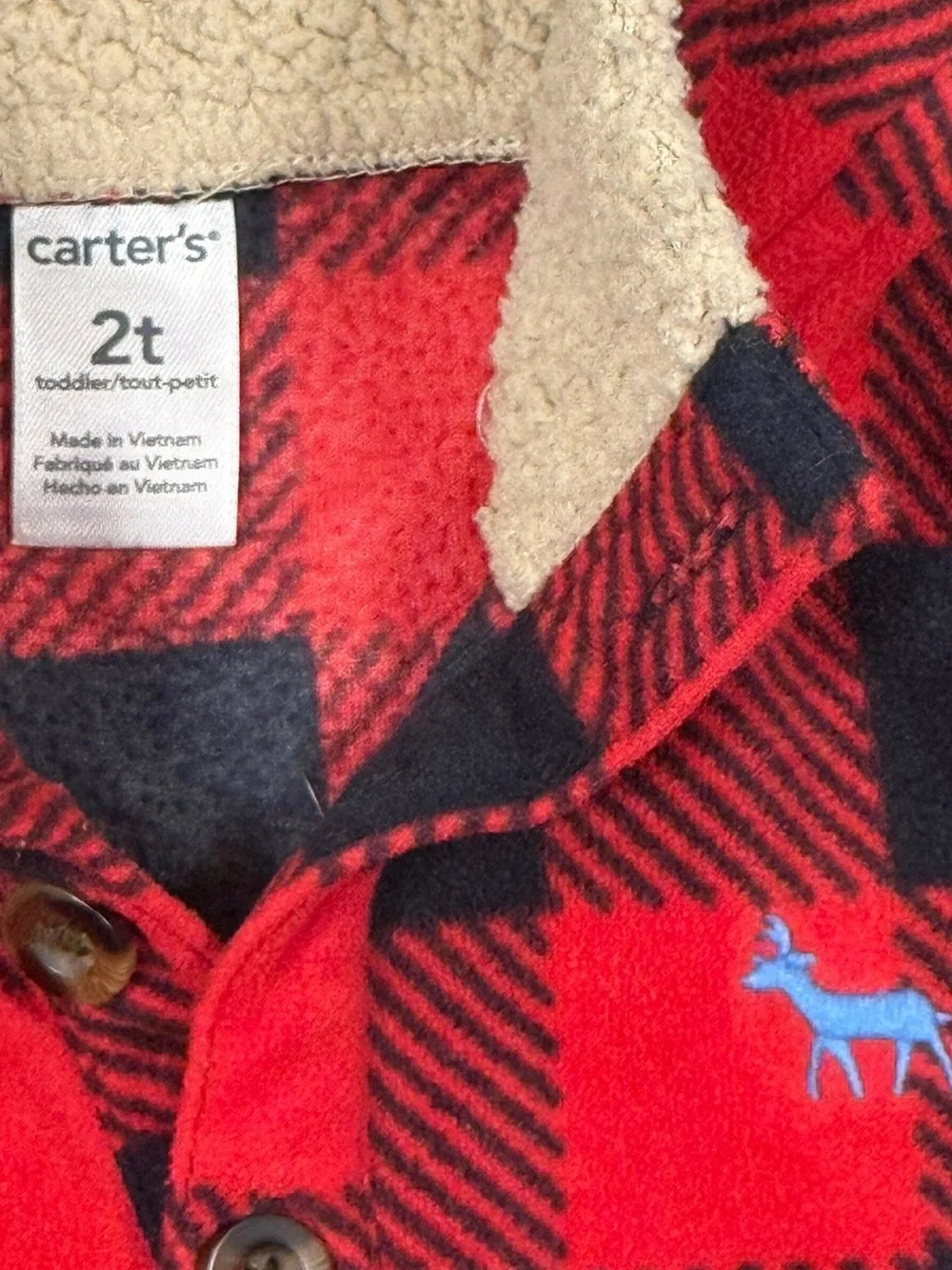 🪵 Carter’s Buffalo Plaid Kids Warm Sherpa Sweater Boys Girls Red Black Check 2T